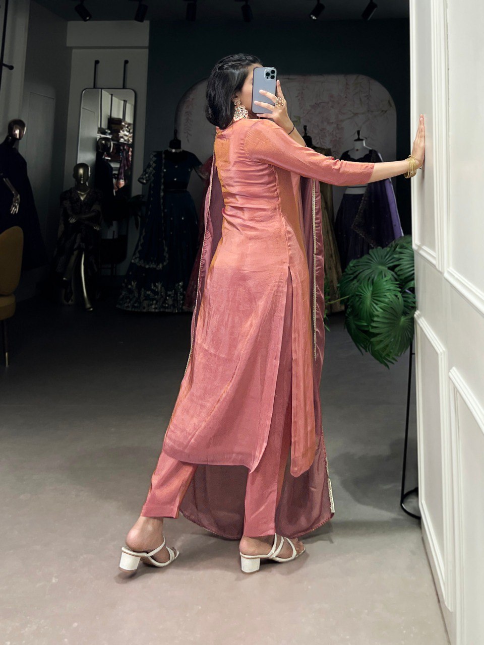 Peach Viscose Tissue Handworked Kurti Set with Organza Dupatta