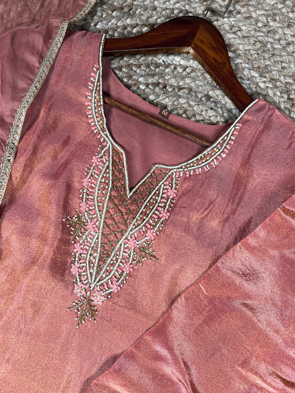 Peach Viscose Tissue Handworked Kurti Set with Organza Dupatta