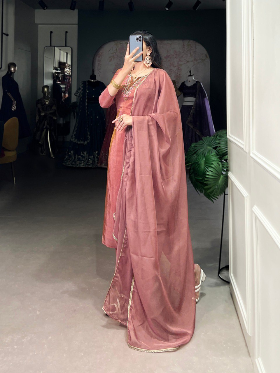 Peach Viscose Tissue Handworked Kurti Set with Organza Dupatta
