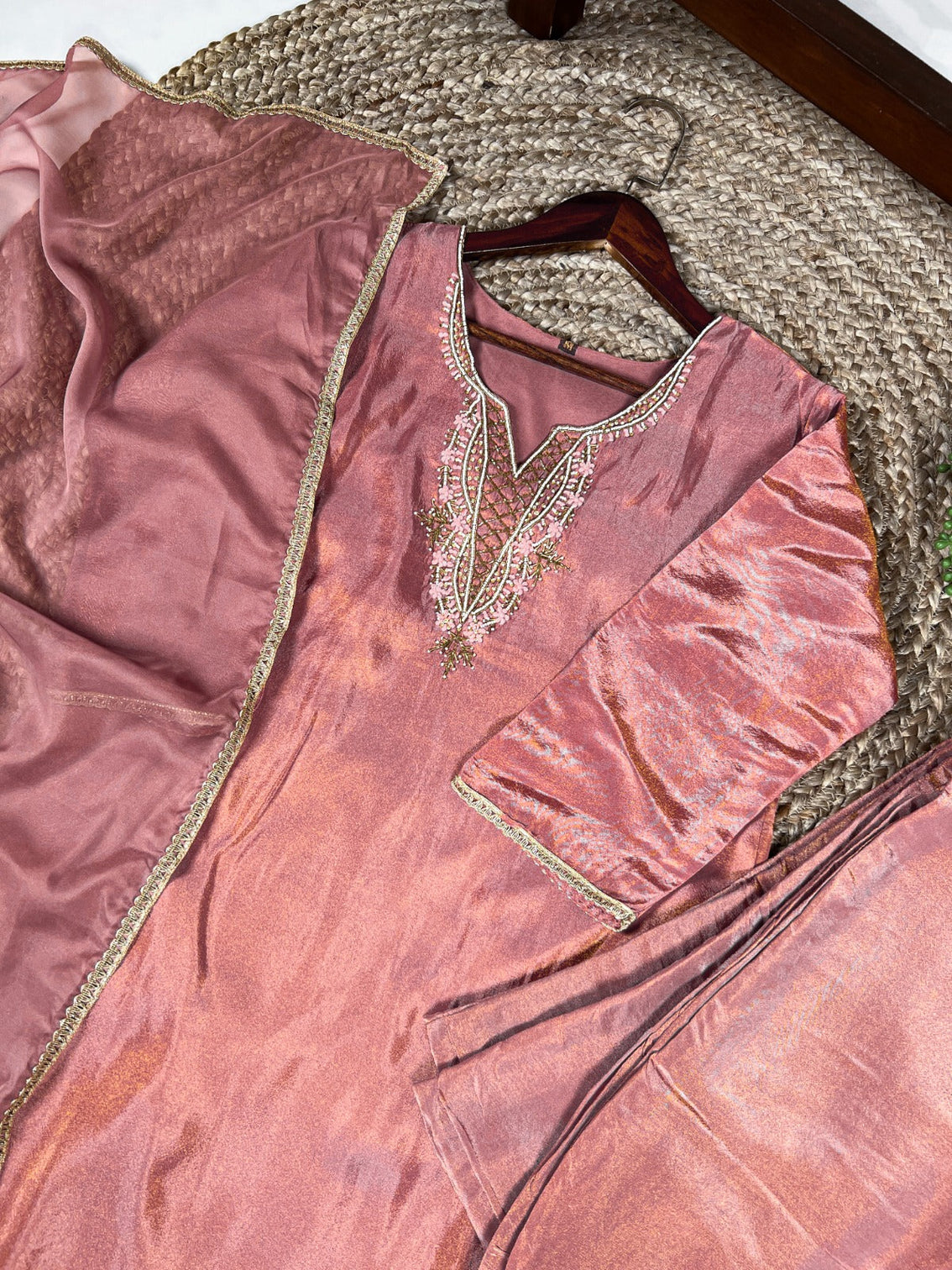 Peach Viscose Tissue Handworked Kurti Set with Organza Dupatta