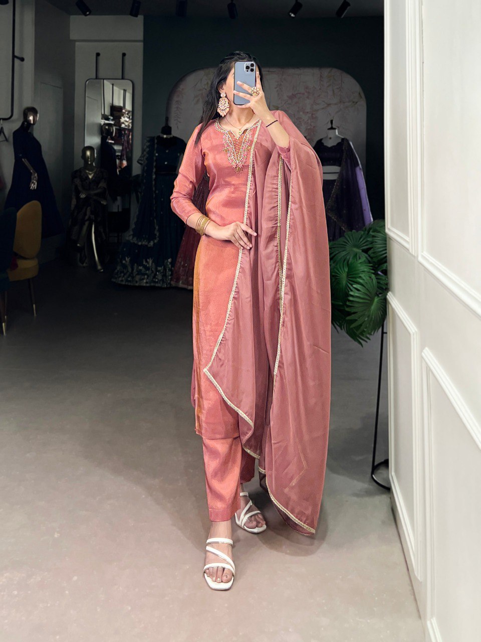 Peach Viscose Tissue Handworked Kurti Set with Organza Dupatta
