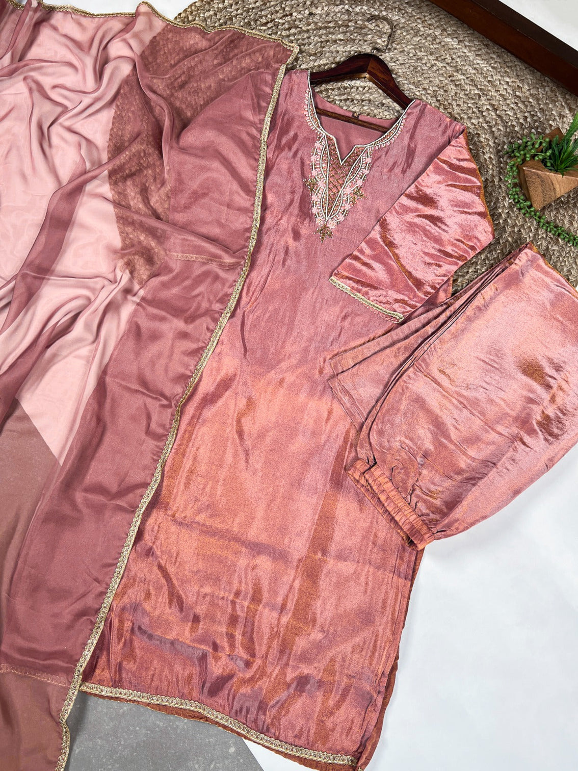 Peach Viscose Tissue Handworked Kurti Set with Organza Dupatta