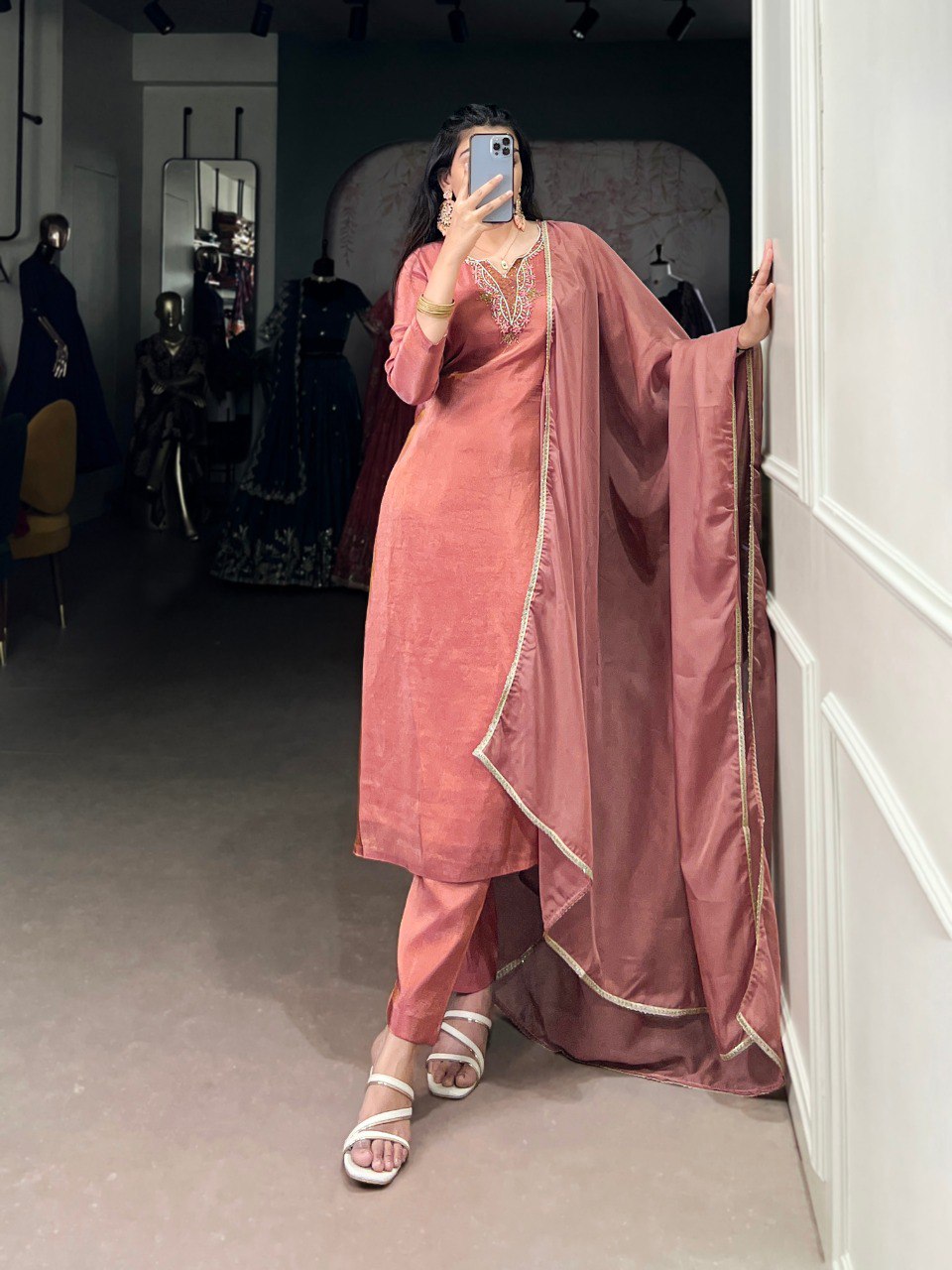 Peach Viscose Tissue Handworked Kurti Set with Organza Dupatta