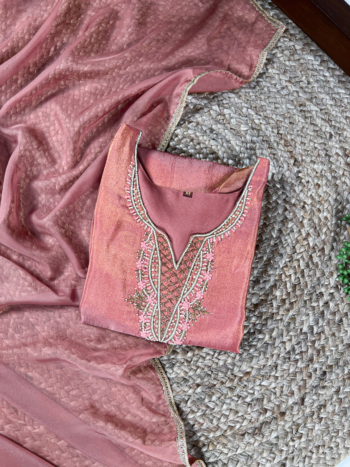 Peach Viscose Tissue Handworked Kurti Set with Organza Dupatta
