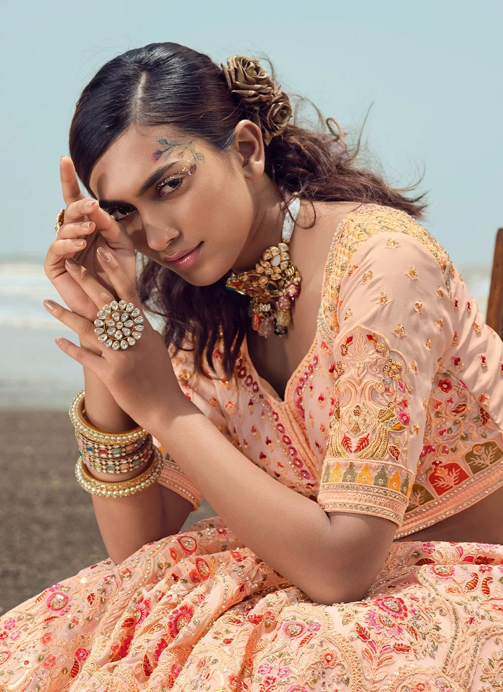 Peach wedding lehenga choli with gota and zarkan work