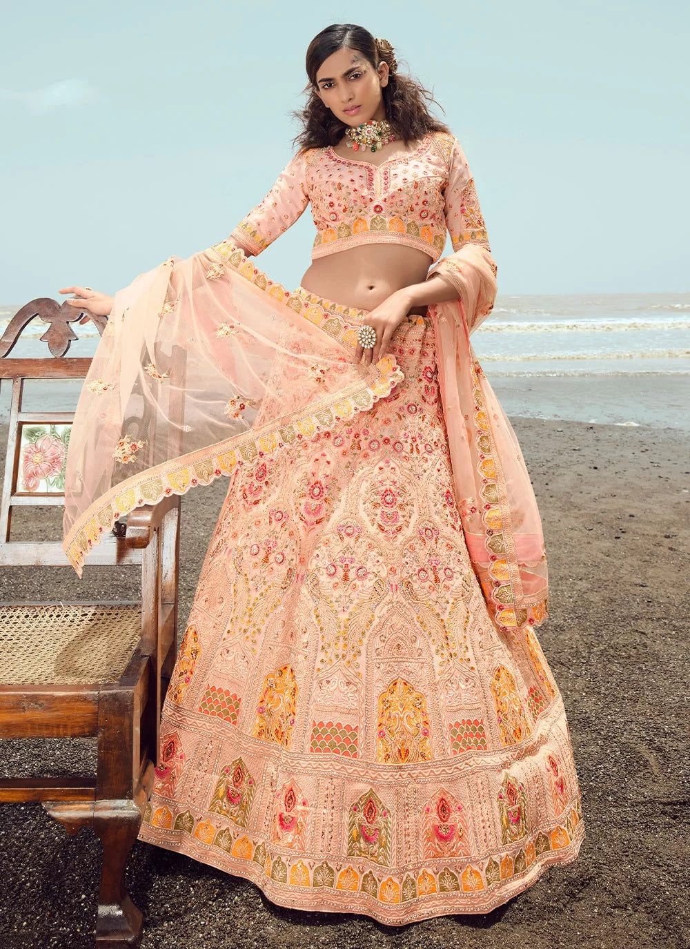 Peach wedding lehenga choli with gota and zarkan work