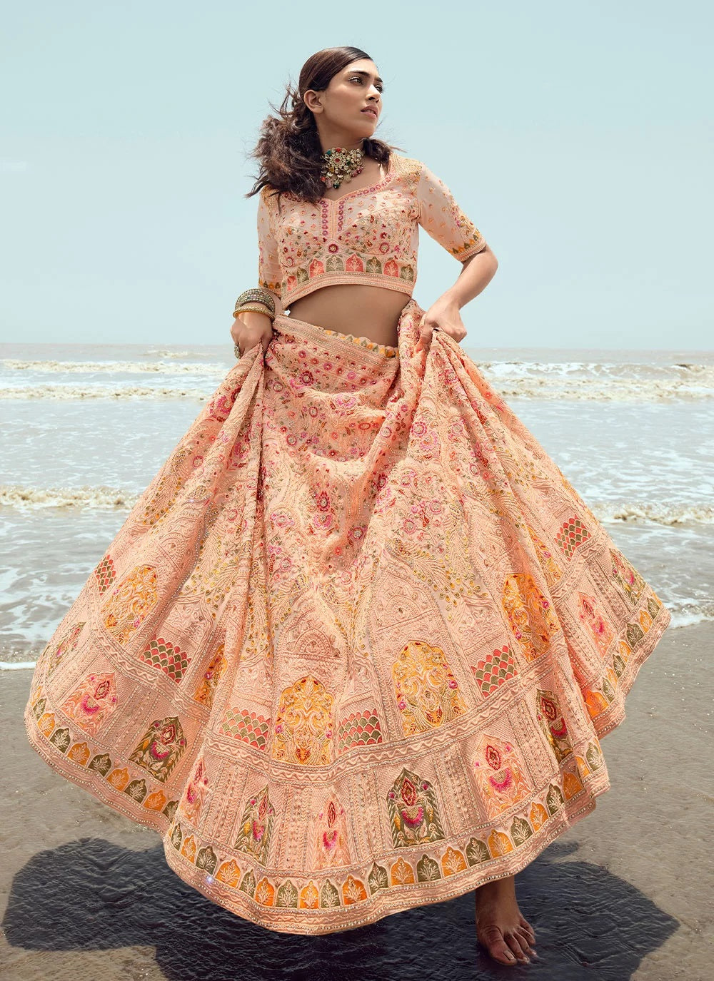 Peach wedding lehenga choli with gota and zarkan work