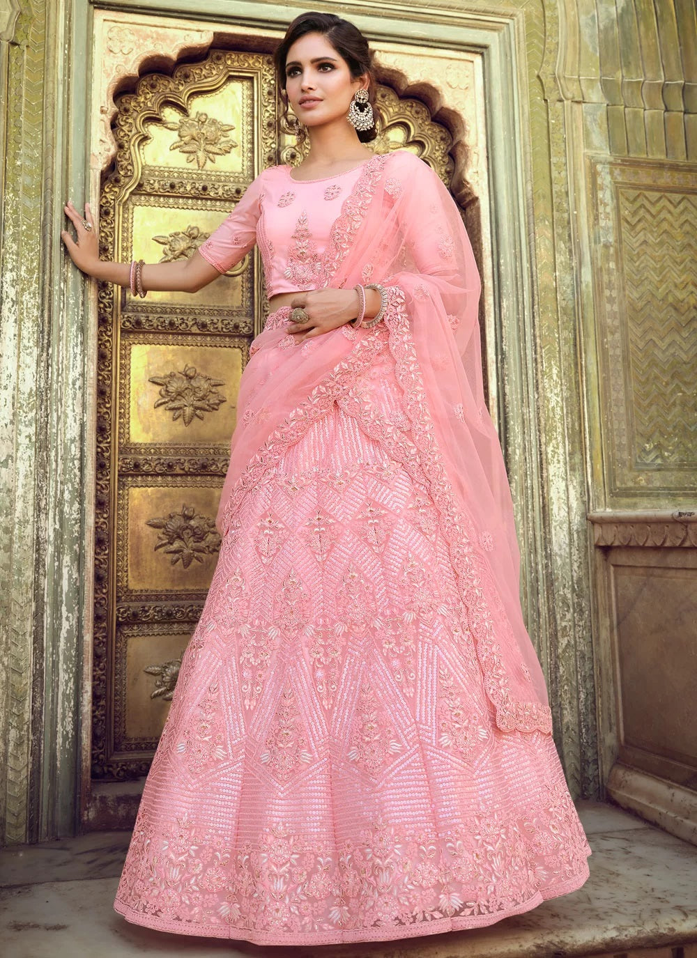 Peach wedding net lehenga with sequin and zari work in soft net fabric