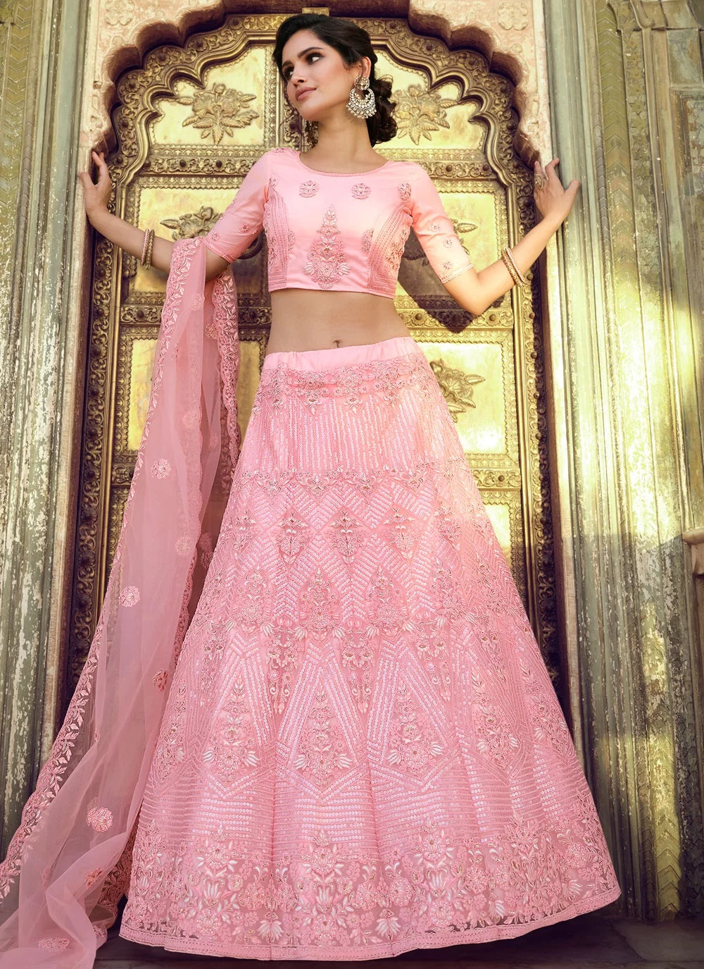 Peach wedding net lehenga with sequin and zari work in soft net fabric