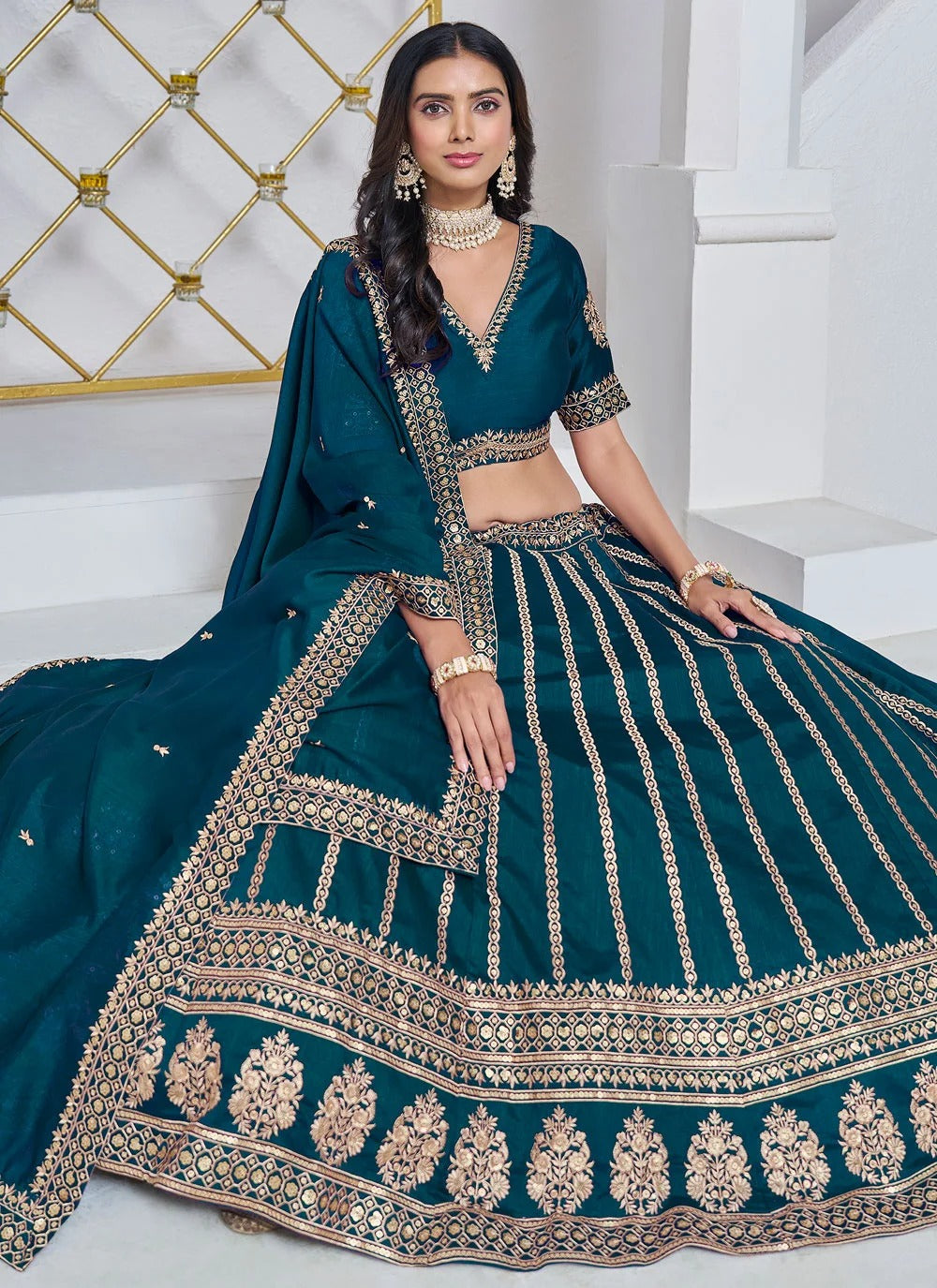 Morpeach wedding guest lehenga in art silk with embroidery