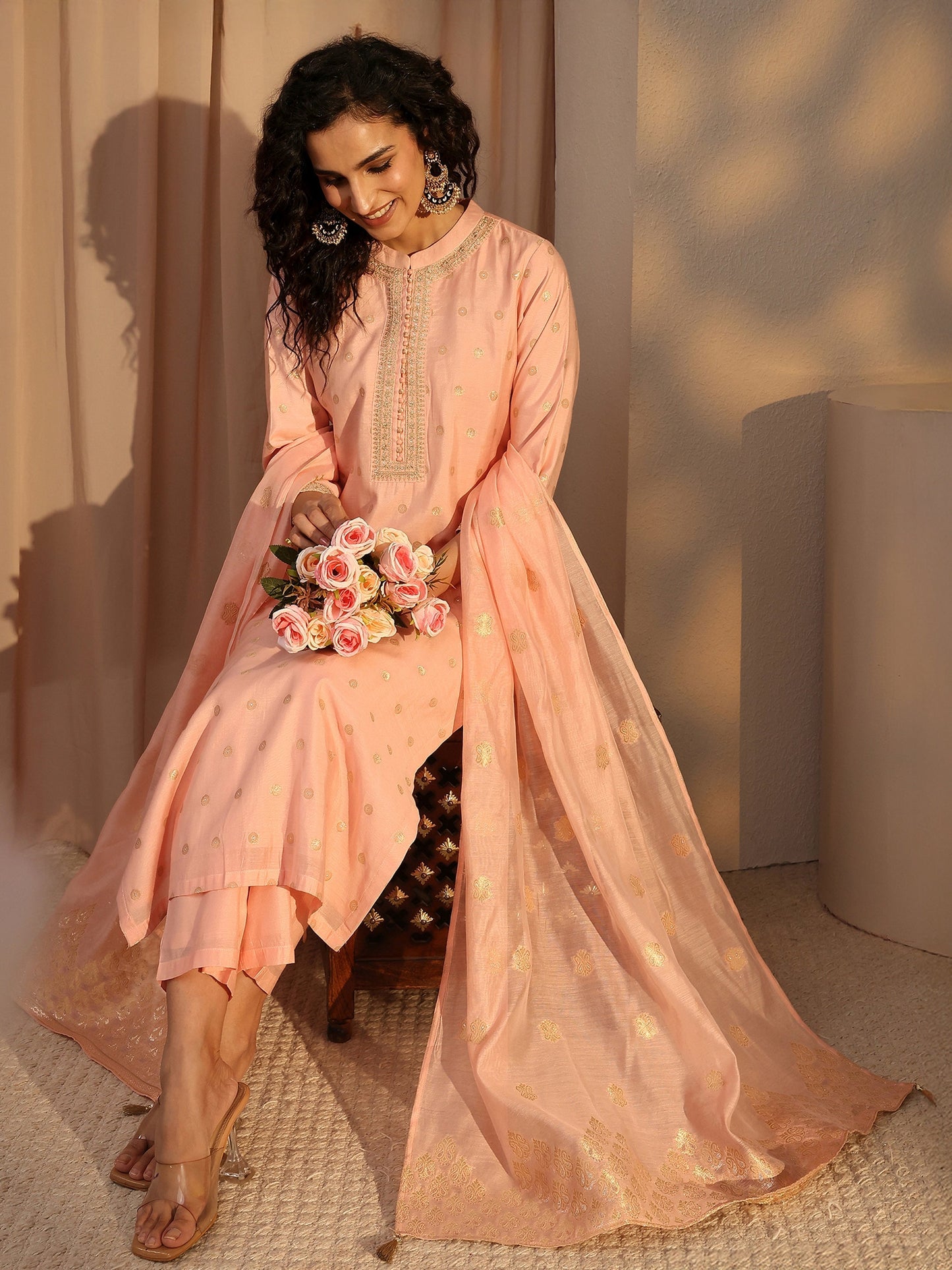 Libas Peach Woven Design Chanderi Silk Straight Suit Set With Dupatta