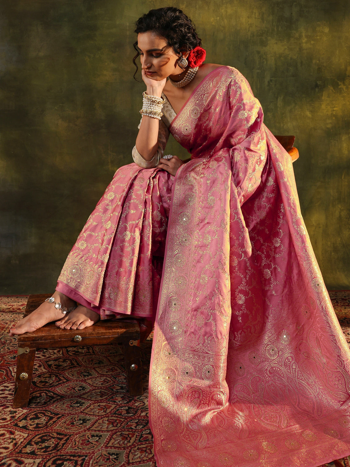 Mameraa Peach Woven Design Satin Banarasi Saree With Unstitched Blouse Piece