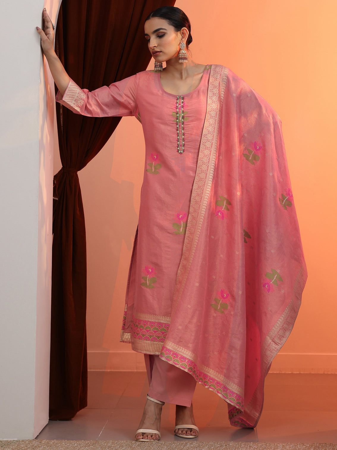 Mameraa Peach Woven Design Silk Blend Straight Suit Set With Dupatta