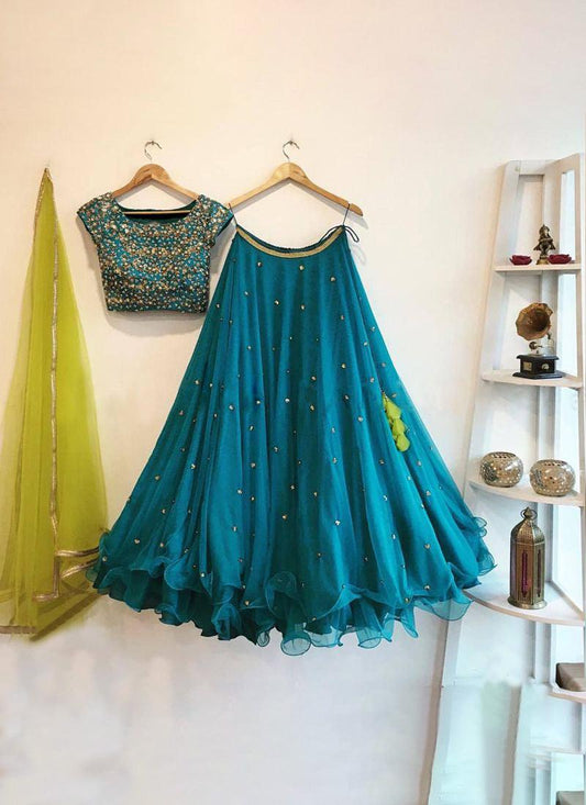 Peacock Blue Color Flared Party Wear Lehenga Choli