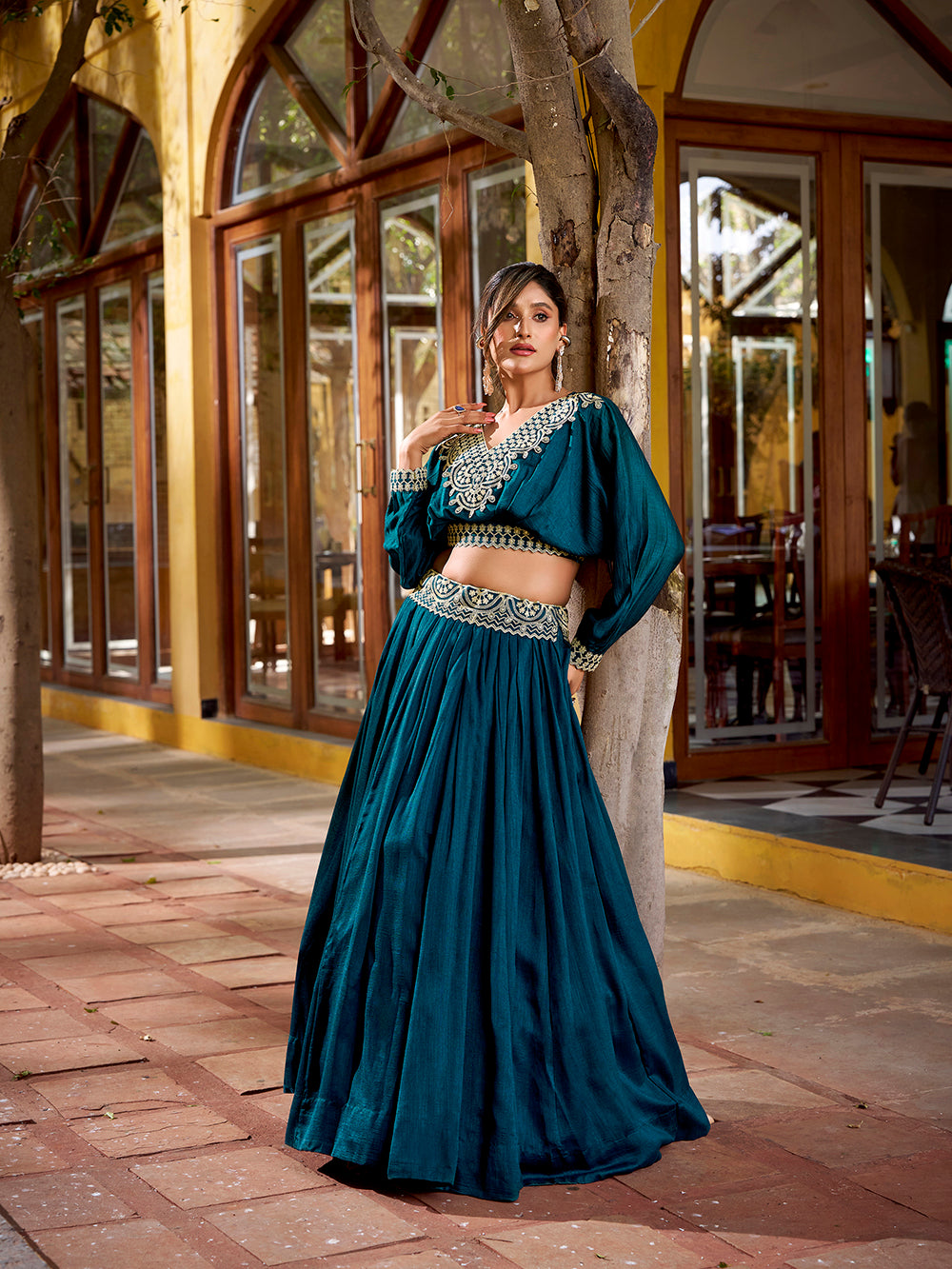 Peacock blue vichitra silk lehenga choli set with thread embroidery