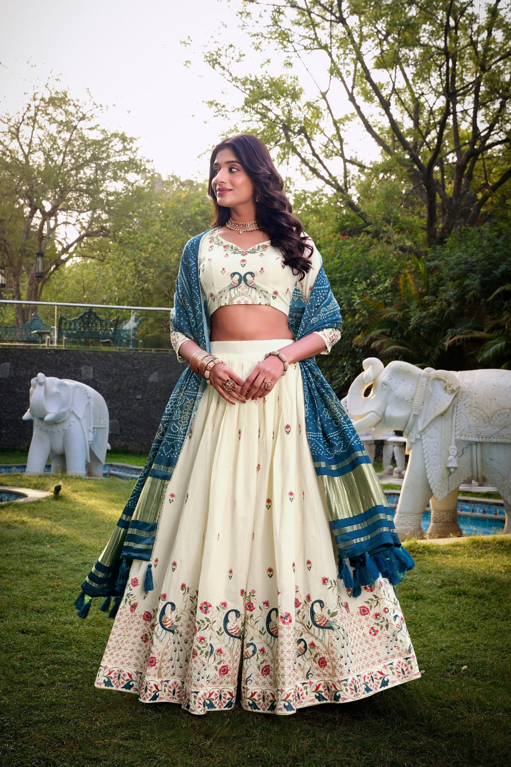 Peacock Traditional Khadi Cotton Embroidered Lehenga Set with Printed Gaji Silk Dupatta & Tassels