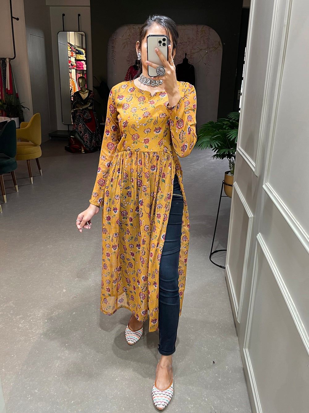 Peanut Color Floral Printed Chiffon Naira Cut Kurti