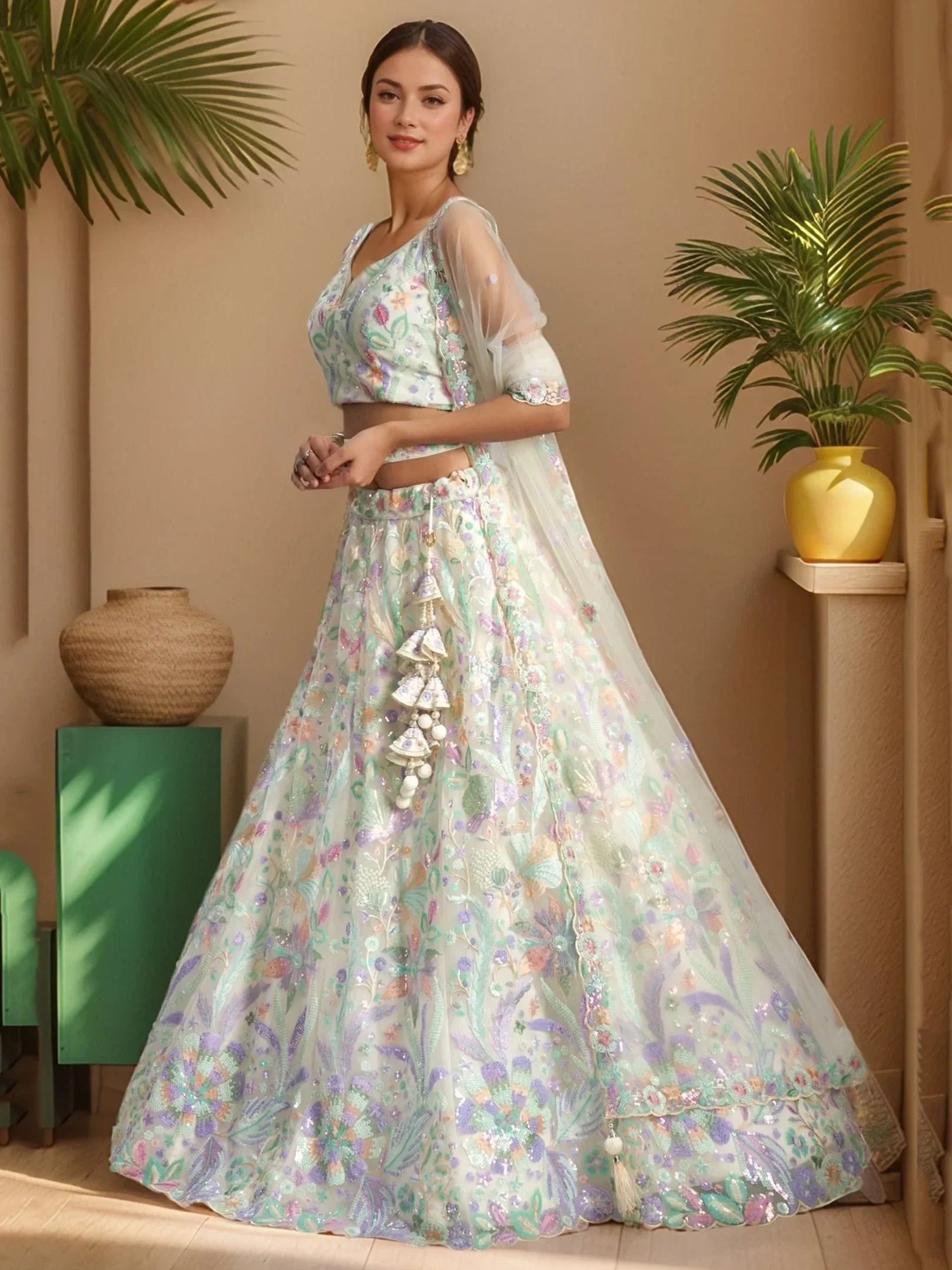Phenomenal White Sequins Net Evening Wear Lehenga Choli With Dupatta