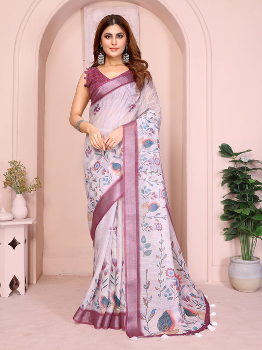 Premium Linen Cotton Floral Printed Saree with Elegant Mauve Border