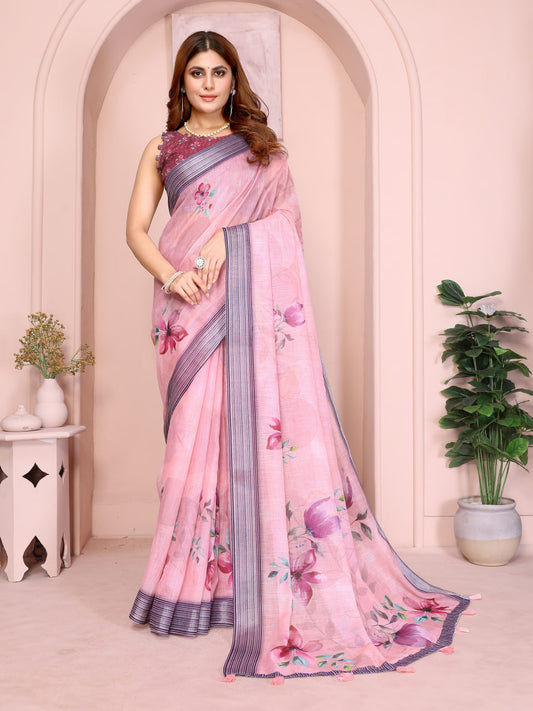 Premium Linen Cotton Floral Printed Saree with Elegant Pink Border