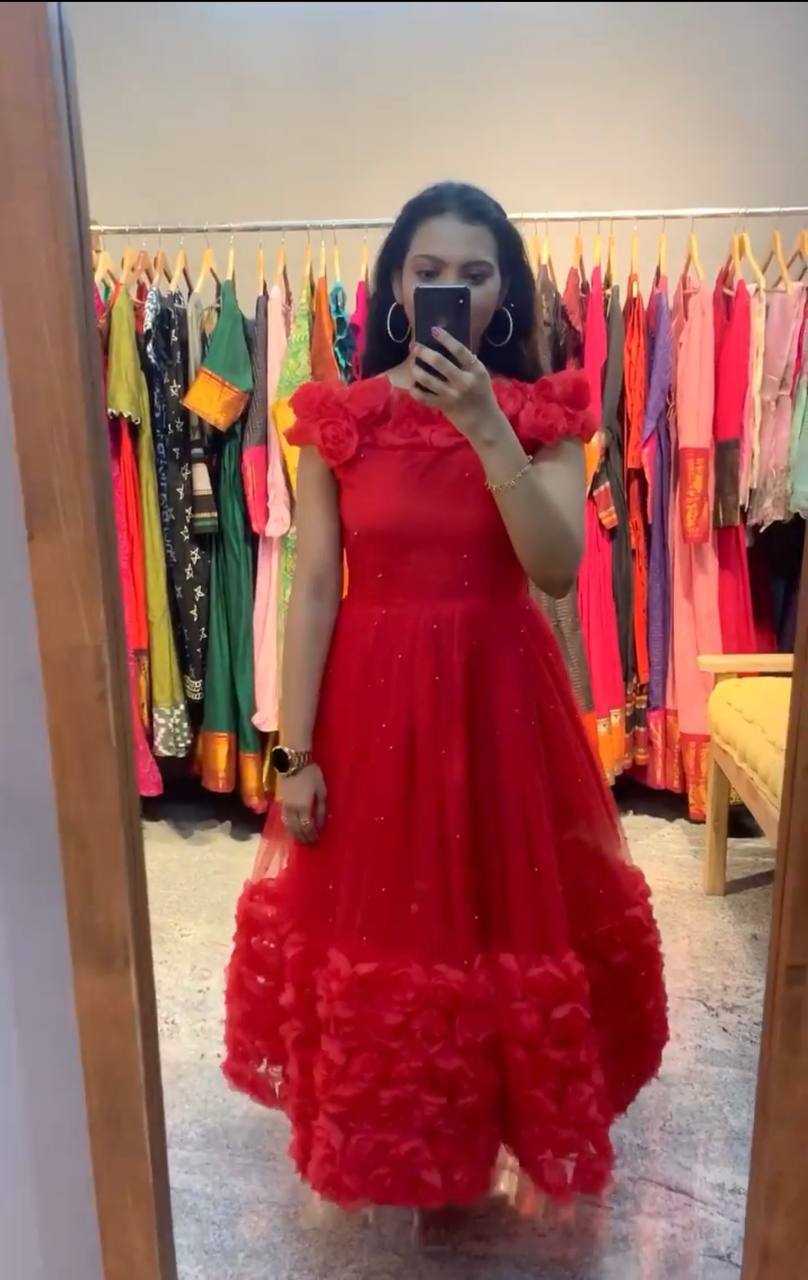 Rose Flower Ribbon Work Red Color Net Gown