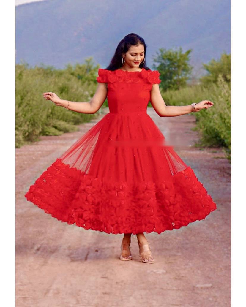 Rose Flower Ribbon Work Red Color Net Gown