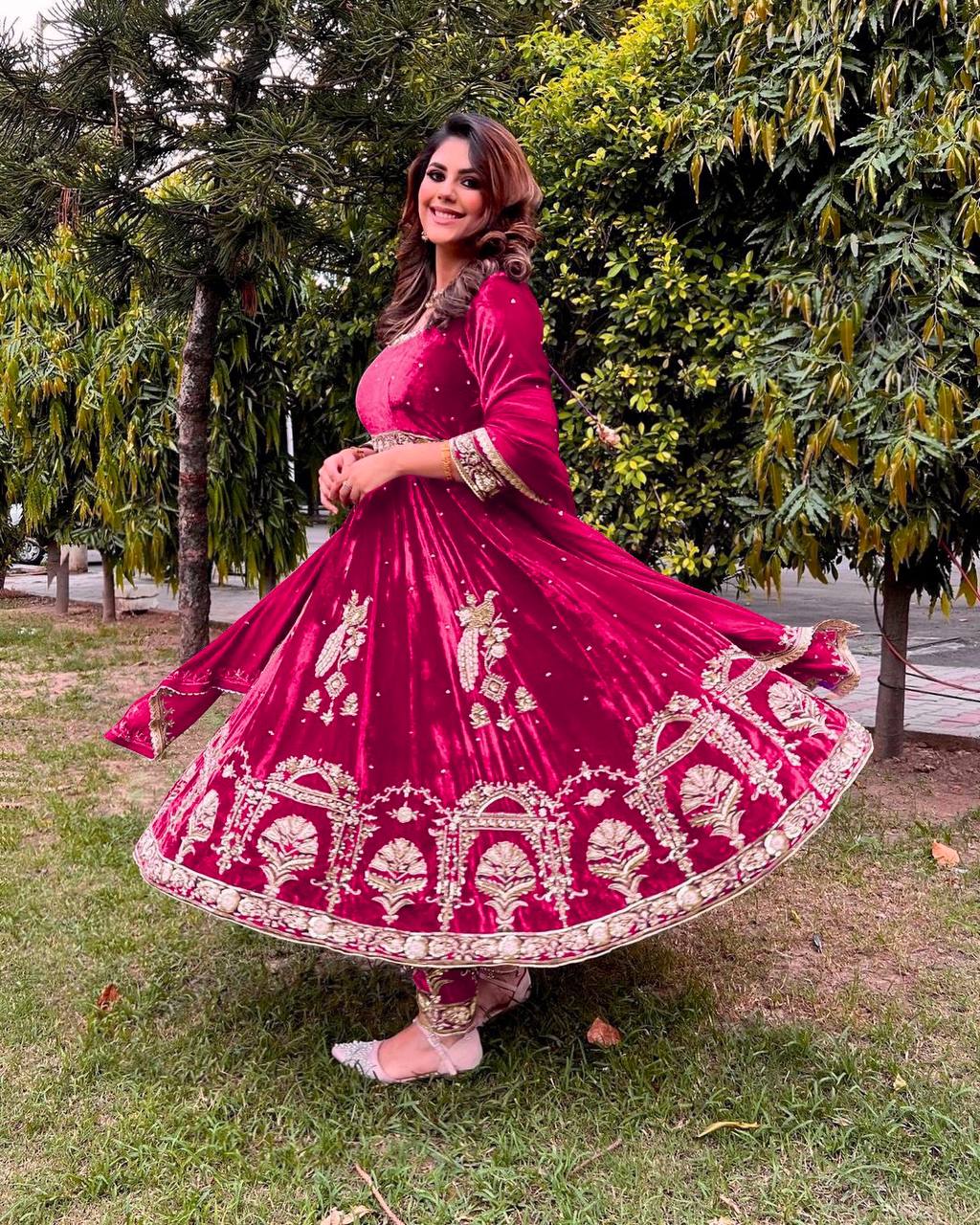 Stylish Pink Color Embroidery Work Velvet Gown