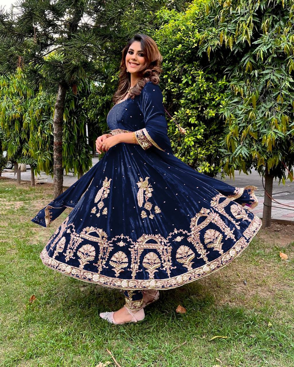 Stylish Blue Color Embroidery Work Velvet Gown