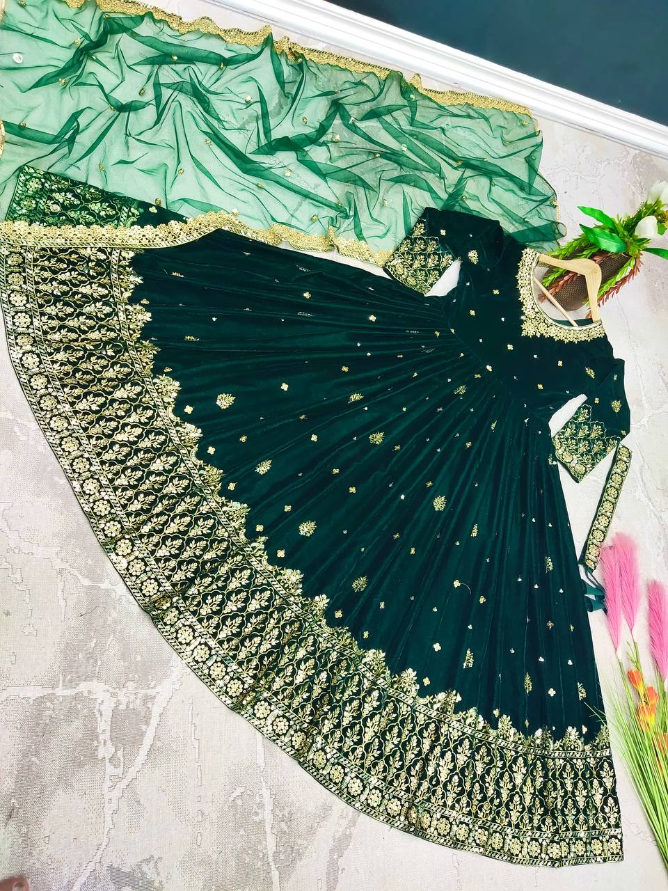 Adorable Green Color Sequence Work Velvet Gown
