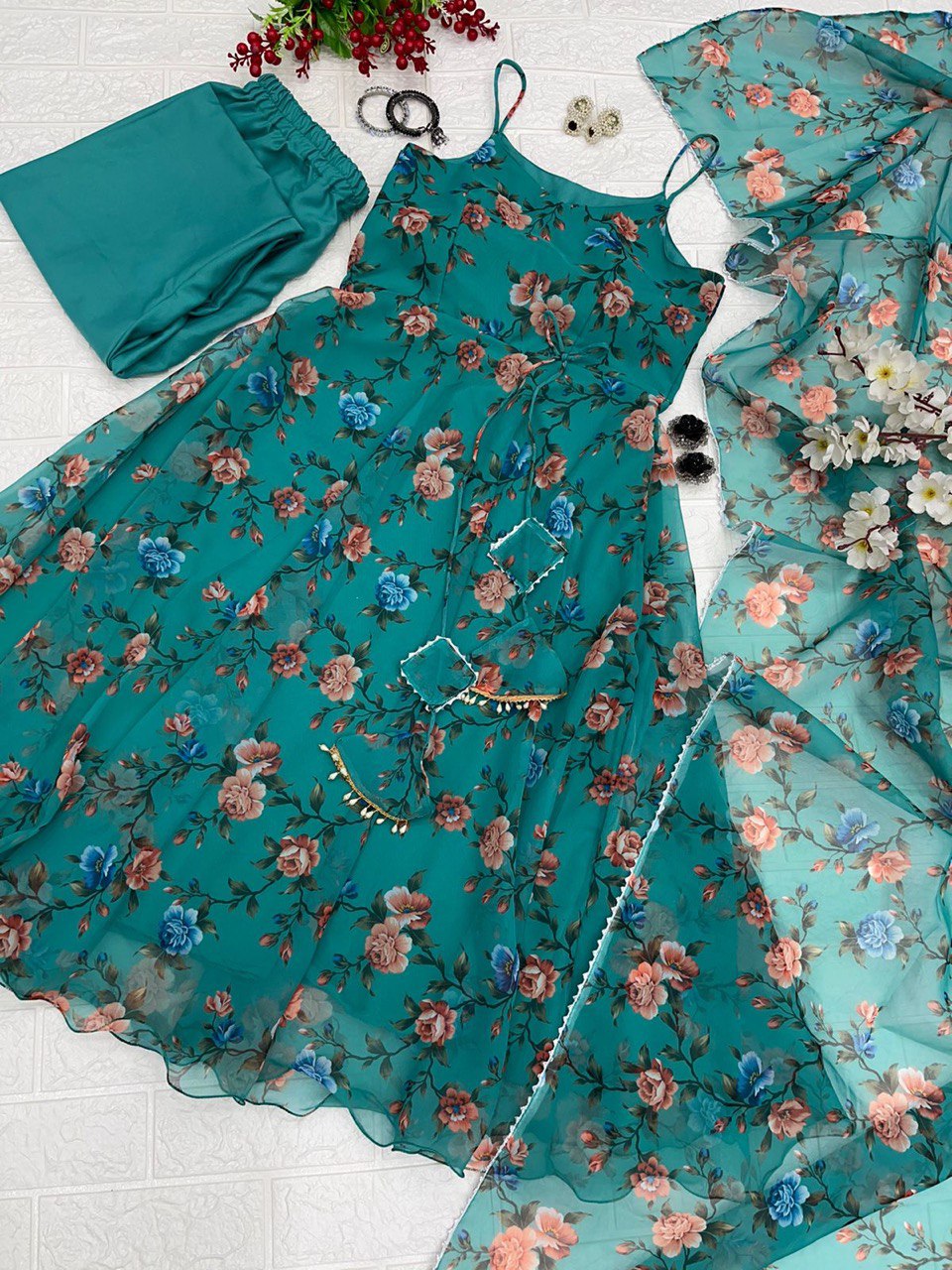 Fabulous Flower Print Green Color Anarkali Suit