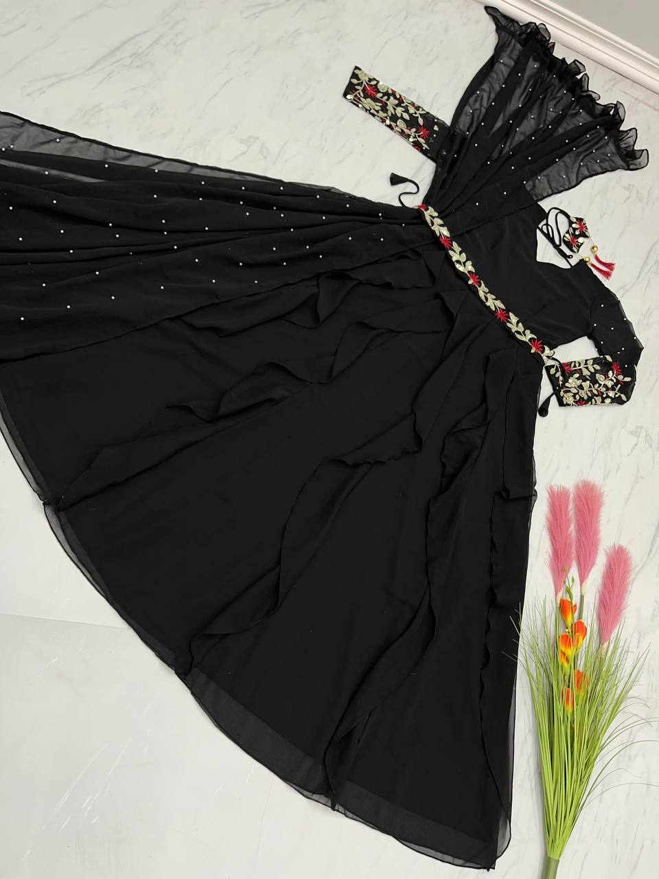 Ruffle Style Black Color Moti Work Gown