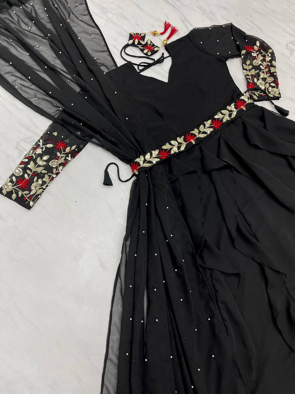 Ruffle Style Black Color Moti Work Gown