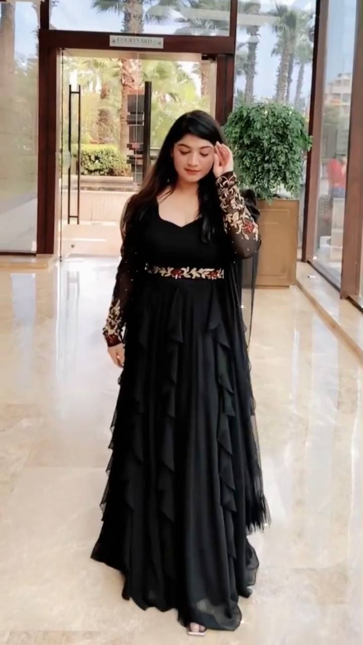 Ruffle Style Black Color Moti Work Gown