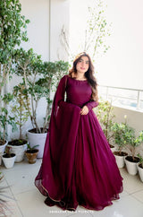 Full Sleeve With Potli Button Wine Color Gown