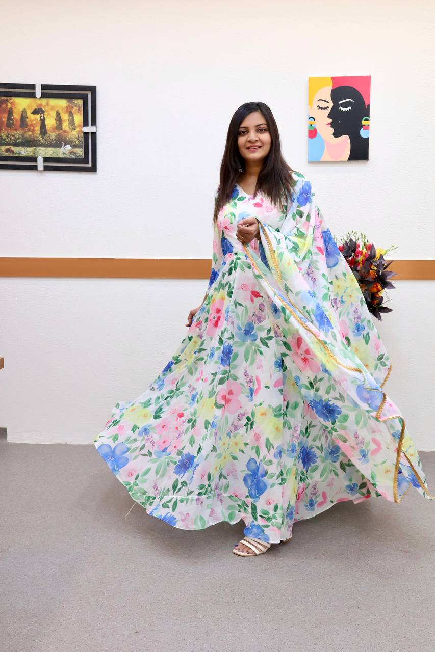 Floral Fantasy White Faux Georgette Anarkali Gown with Digital Print Work