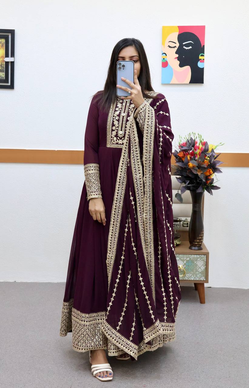 Wine Anarkali Gown in Faux Georgette with Embroidery Work