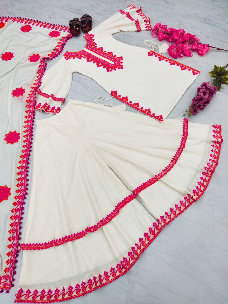 Pink Thread Work Off White Color Top With Sharara