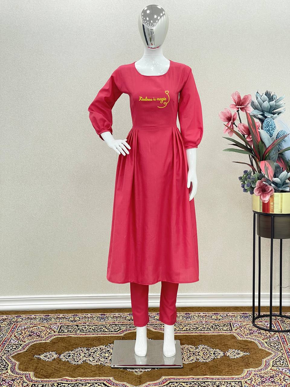 Unique Pink Color Thread Work Pant With Long Top
