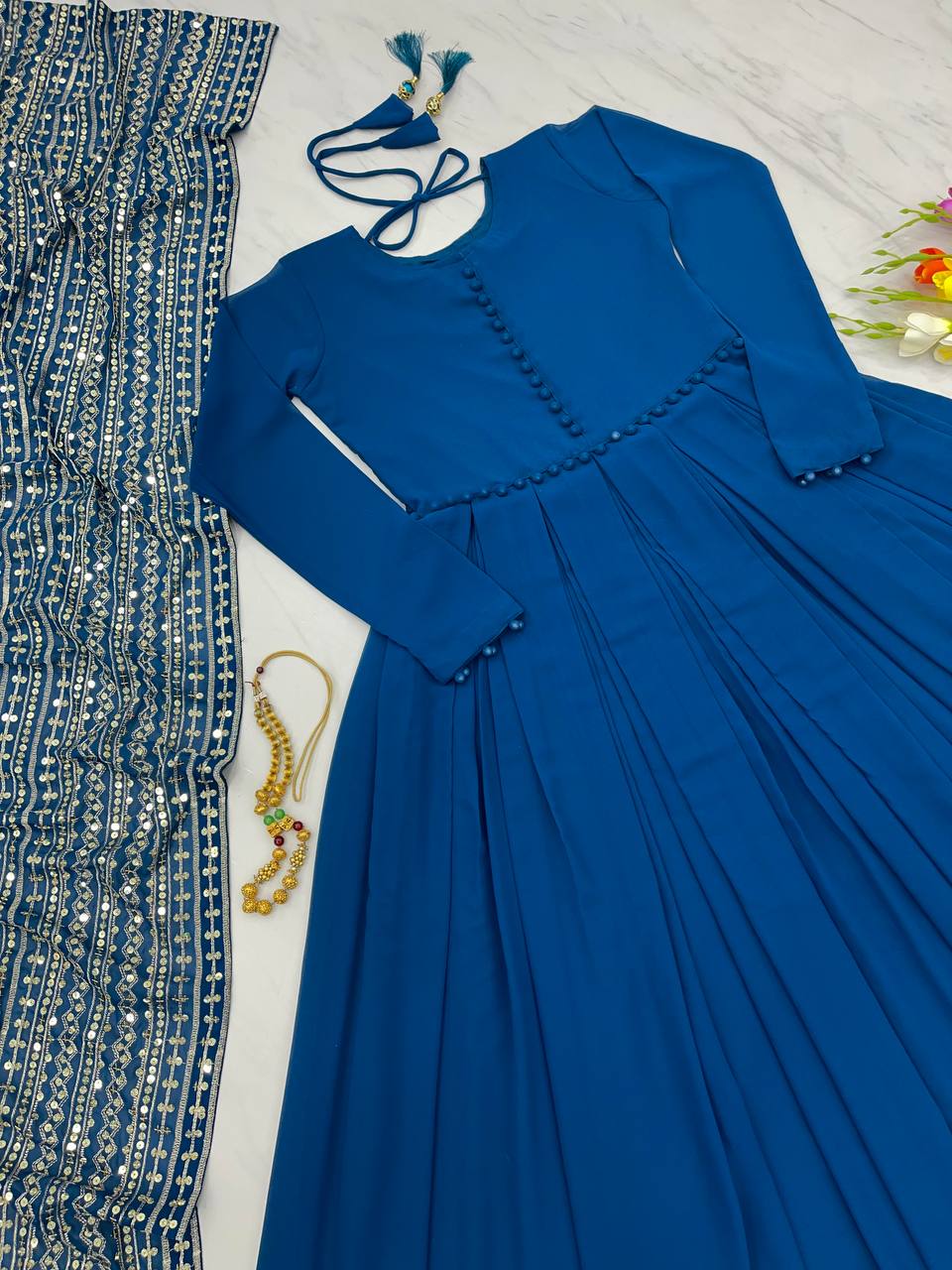 Teal Blue Color Gown With Heavy Sequence Work Dupatta