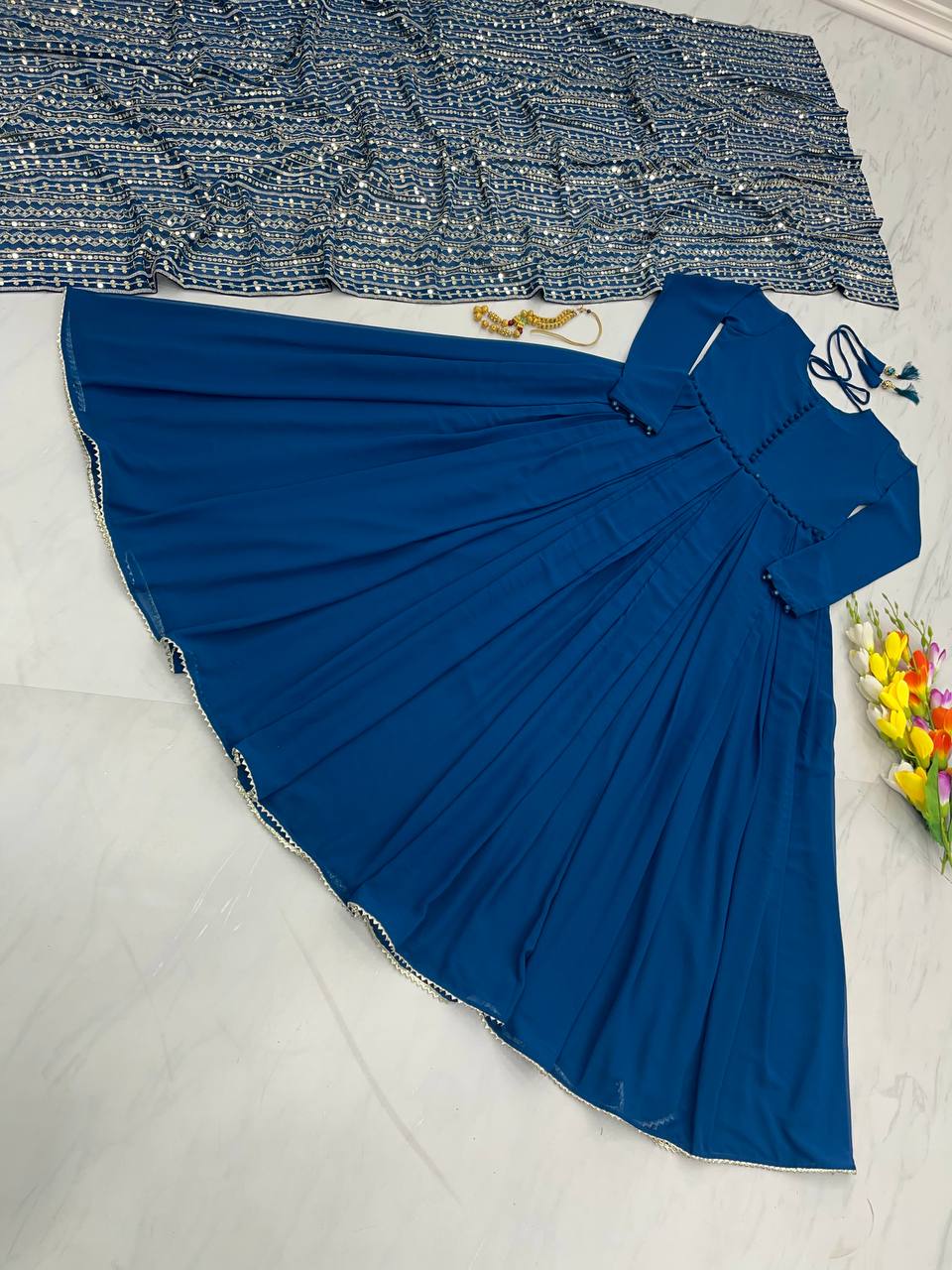 Teal Blue Color Gown With Heavy Sequence Work Dupatta