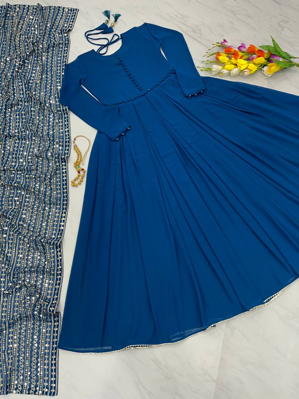 Teal Blue Color Gown With Heavy Sequence Work Dupatta