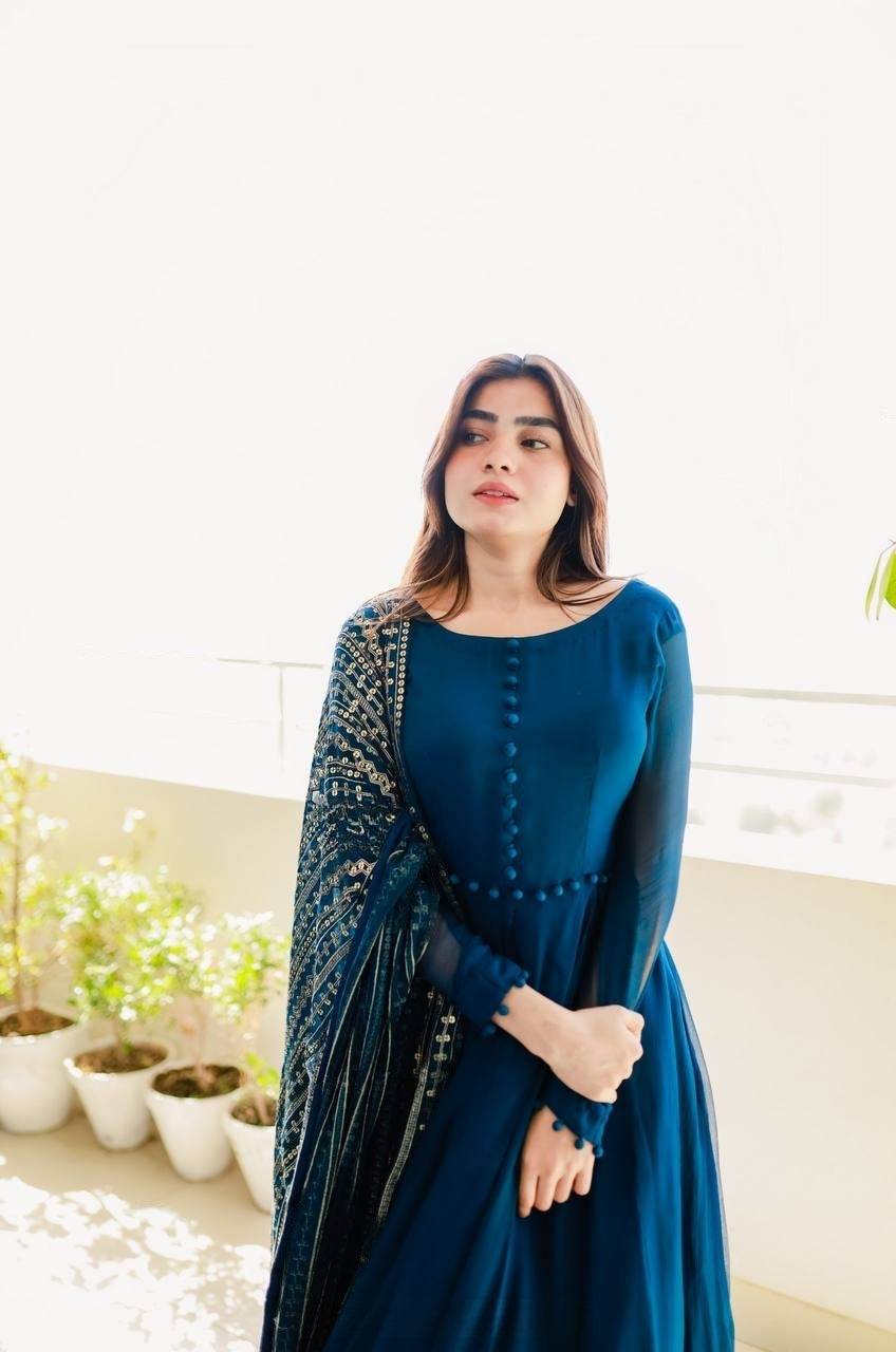 Teal Blue Color Gown With Heavy Sequence Work Dupatta