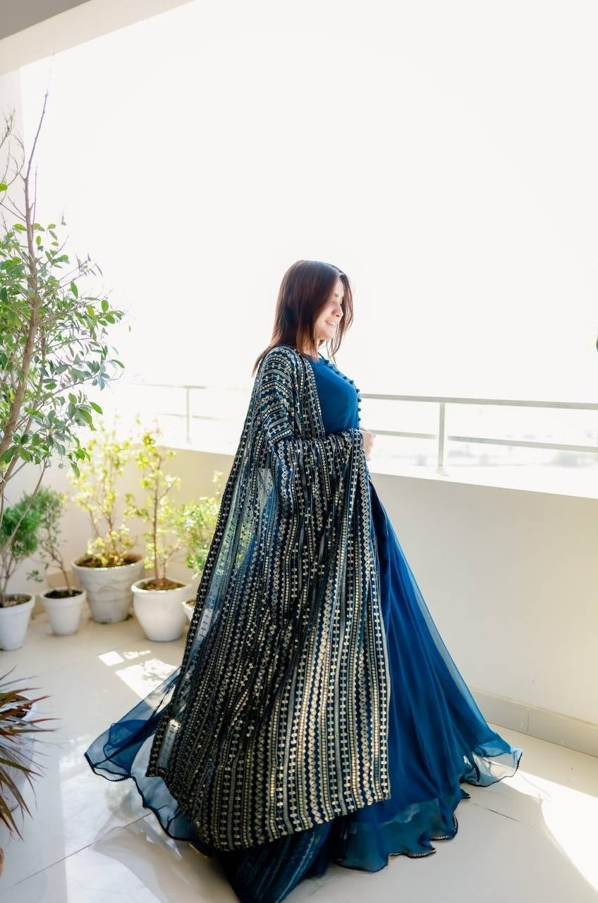 Teal Blue Color Gown With Heavy Sequence Work Dupatta