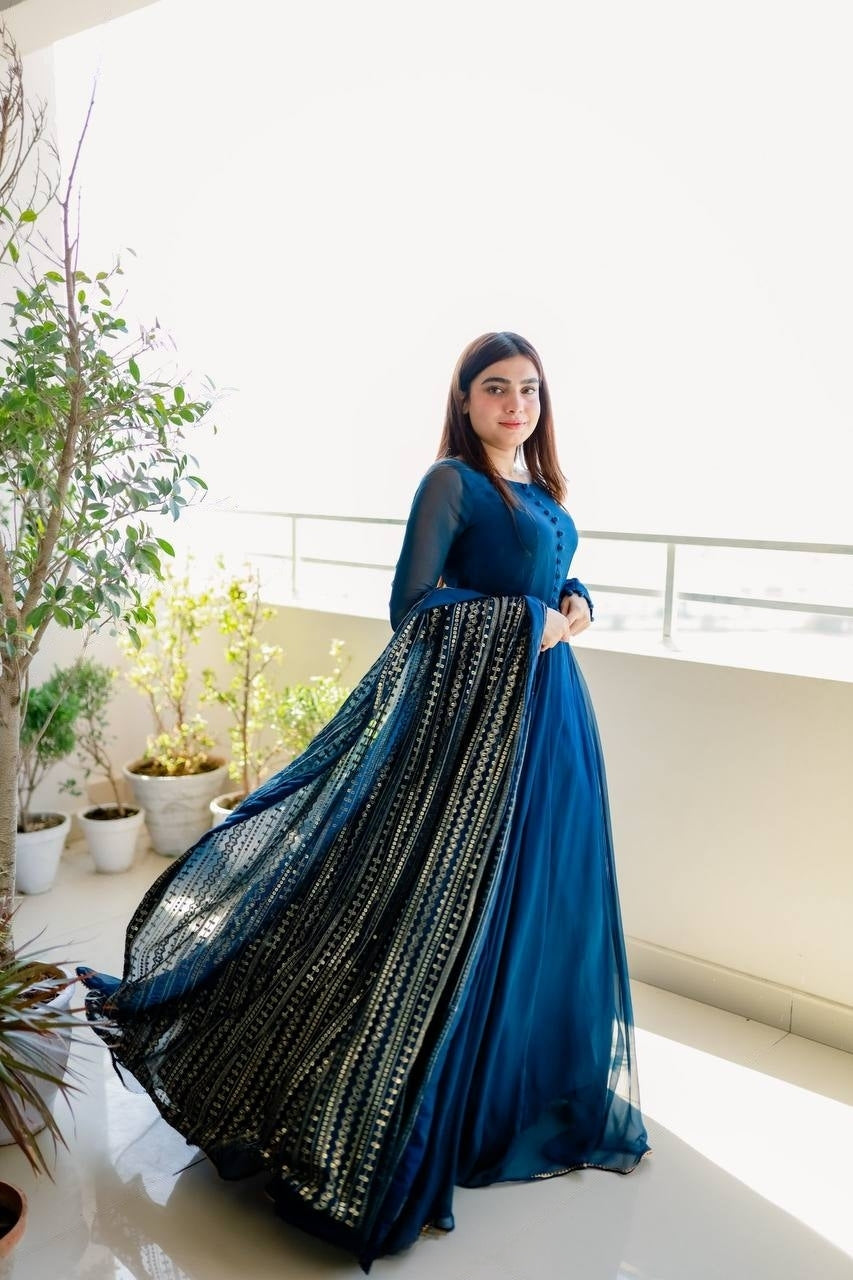 Teal Blue Color Gown With Heavy Sequence Work Dupatta