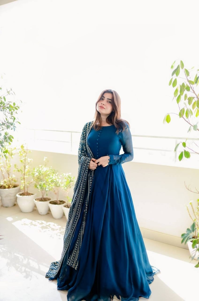 Teal Blue Color Gown With Heavy Sequence Work Dupatta