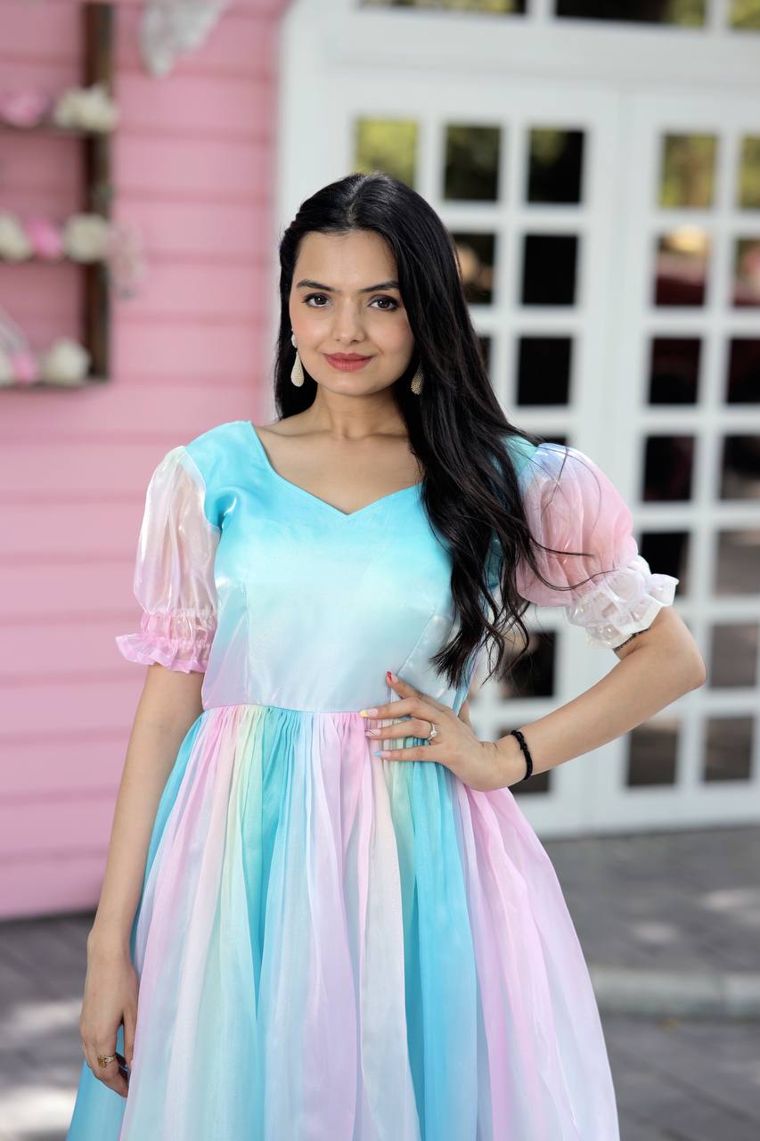 Fancy Puff Sleeves Multi Print Pretty Gown