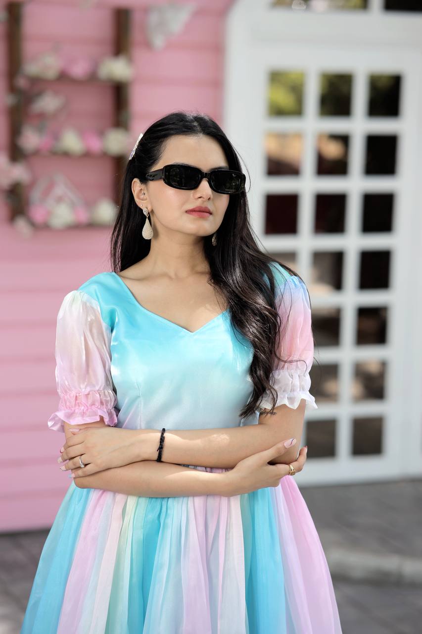 Fancy Puff Sleeves Multi Print Pretty Gown