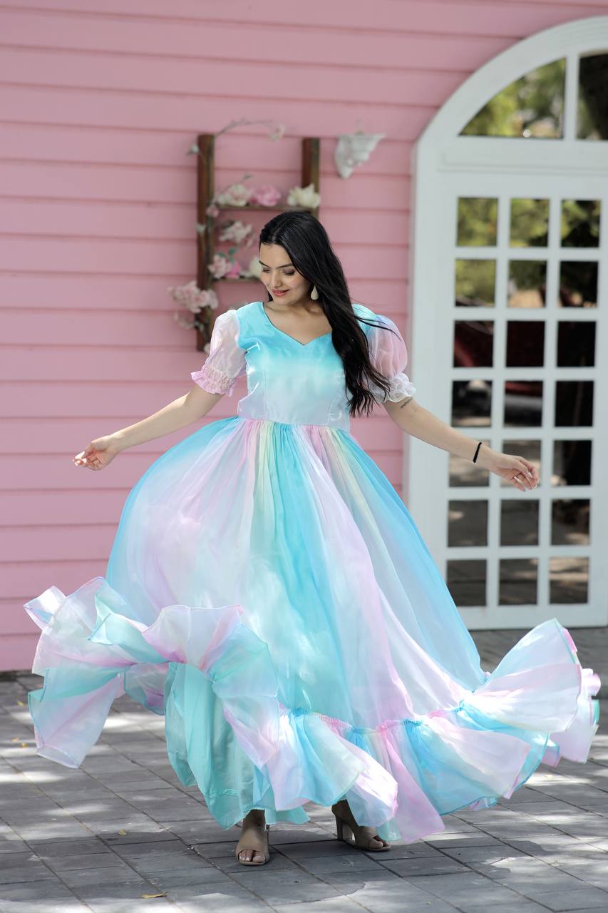 Fancy Puff Sleeves Multi Print Pretty Gown