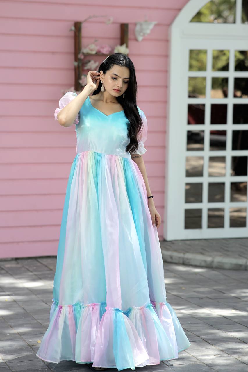 Fancy Puff Sleeves Multi Print Pretty Gown