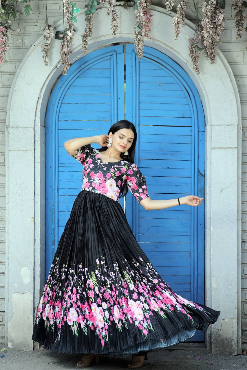 Rich Digital Print Black Color Crush Pleating Gown